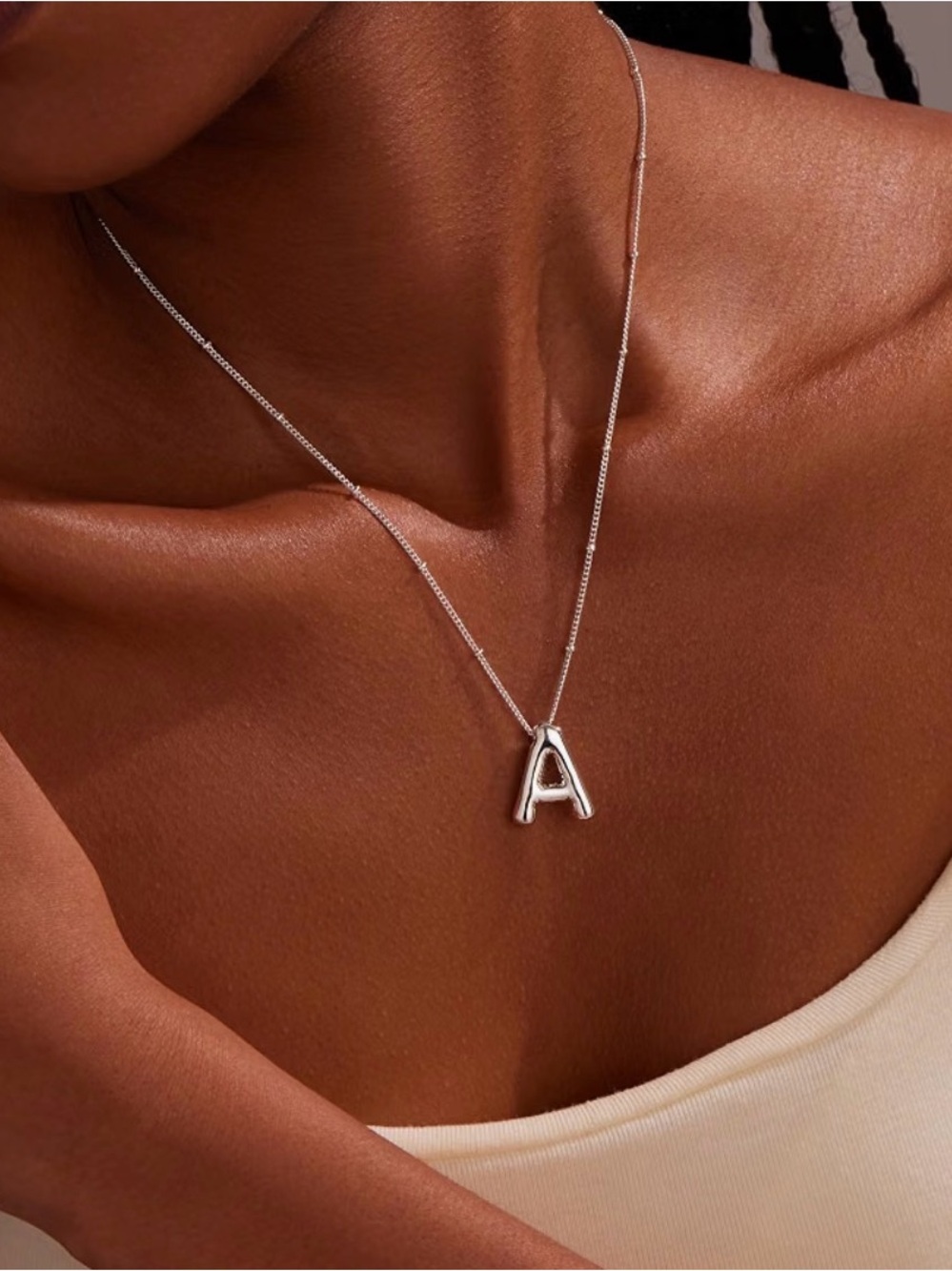Sterling Silver A Initial Pendant Bubble letter Necklace - Silver